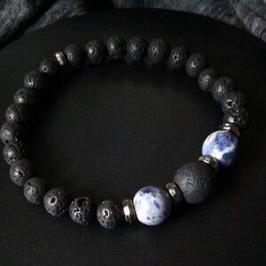 Sodalite + Lava Rock ~ Big Man's Bracelet with Massive Beads - Fits 9" Wrist